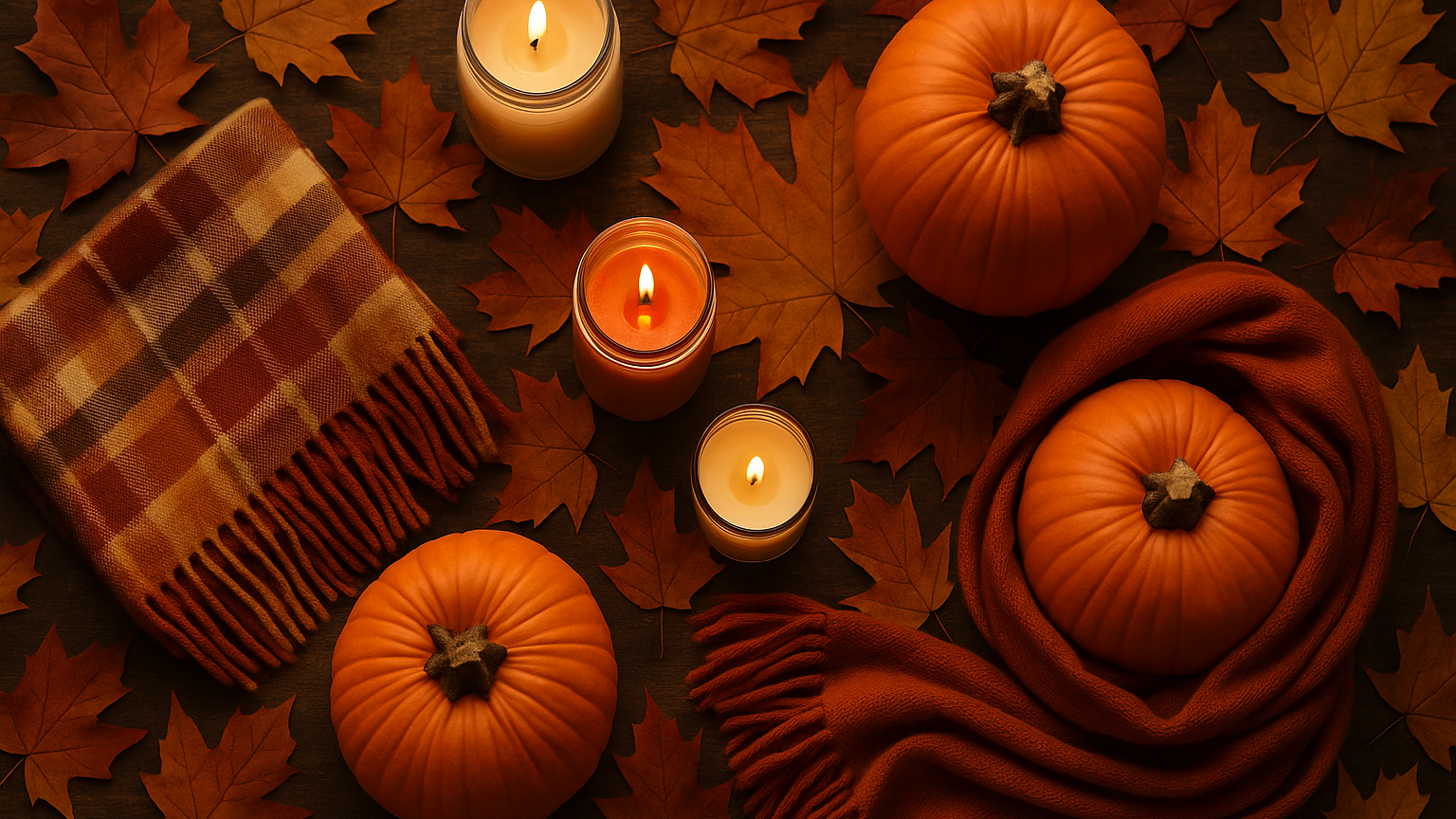 Autumn-themed setting with pumpkins, candles, and fall leaves on a wooden surface.