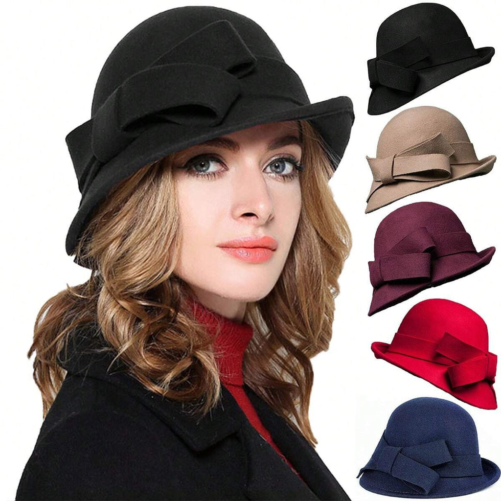 Woman wearing a black hat with a bow, surrounded by other hats in different colors on a white background.