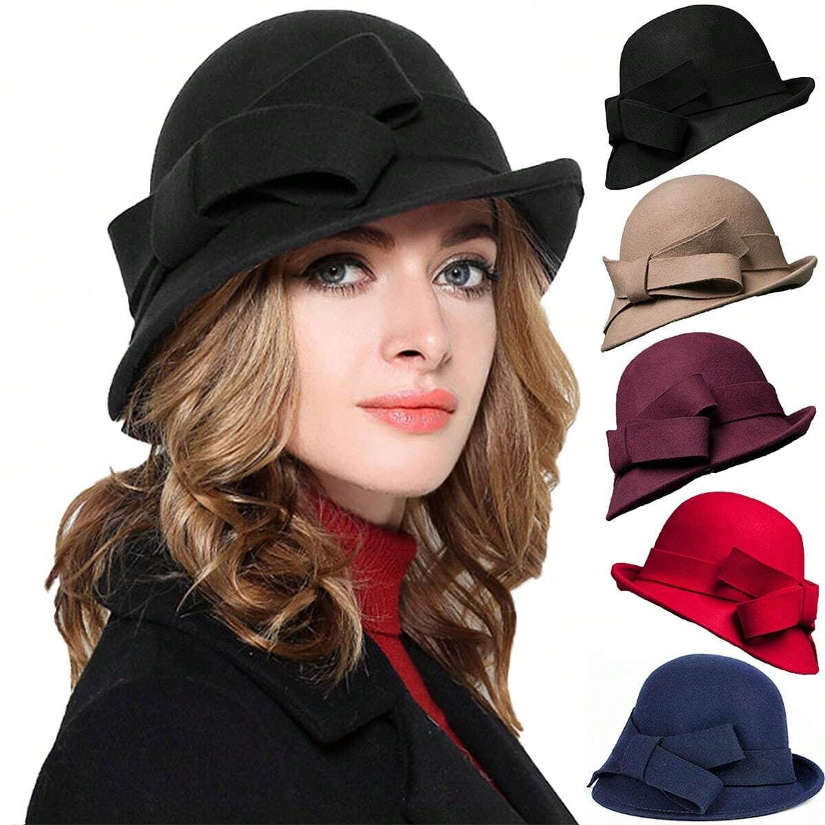 Woman wearing a black hat with a bow, surrounded by other hats in different colors on a white background.