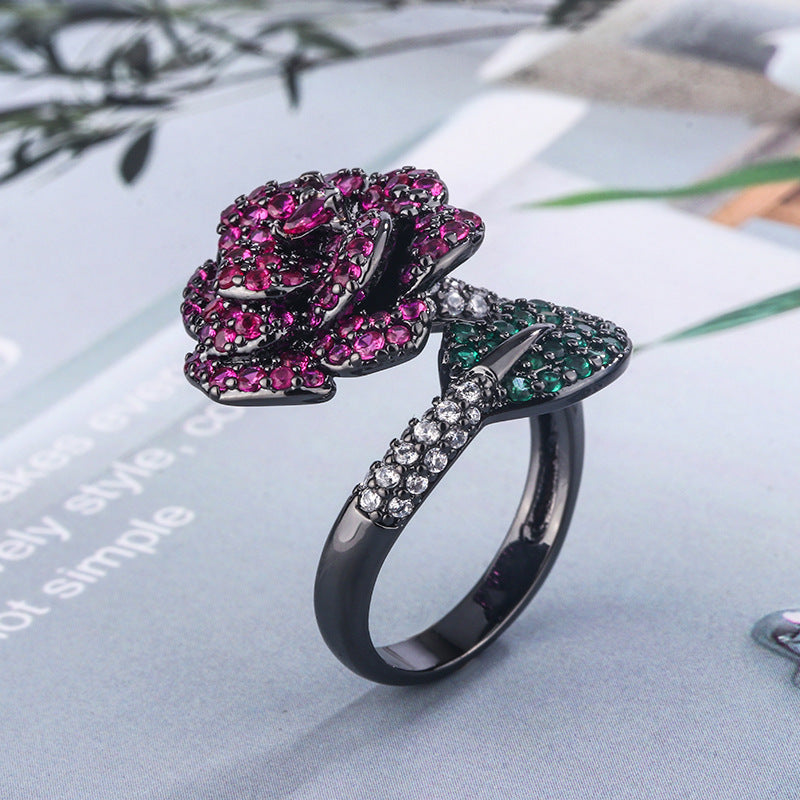 Black Gold Red Rose Statement Ring – Bold Floral Design
