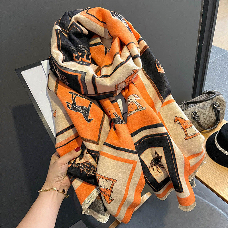 Carriage Print Cashmere-Feel Scarf – FYR150 Blue Orange 65x185cm scarves and wraps