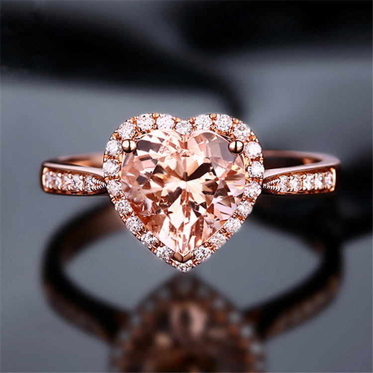 18K Gold Plated Heart Ring – Rose Orange Diamond Style – Rose Gold Adjustable Opening rings