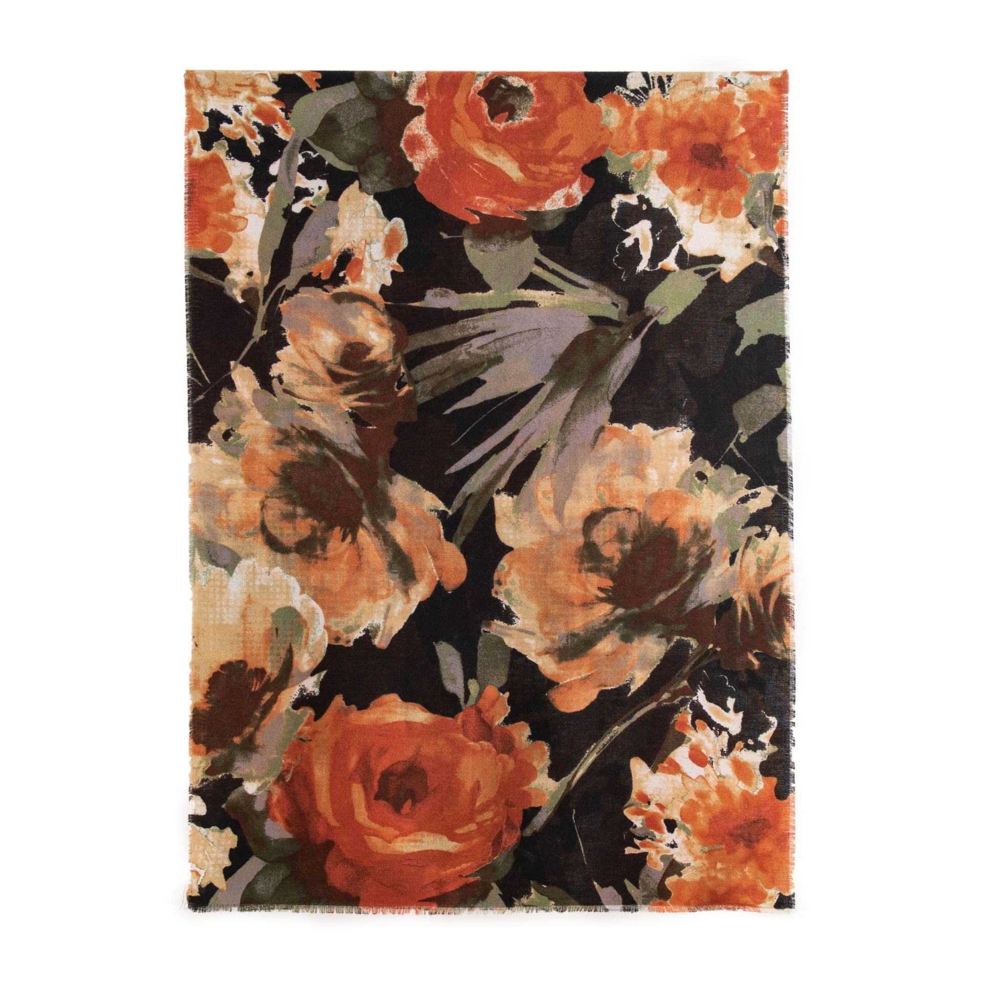 Floral patterned rug with orange and black colors on a white background