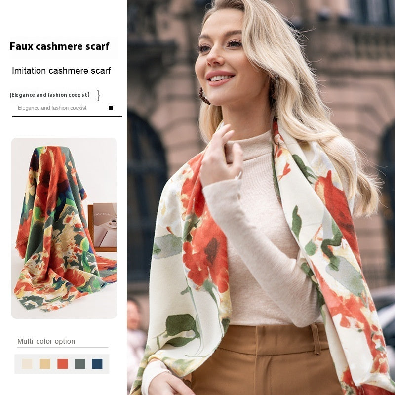 Woman wearing a floral scarf with product details on the side