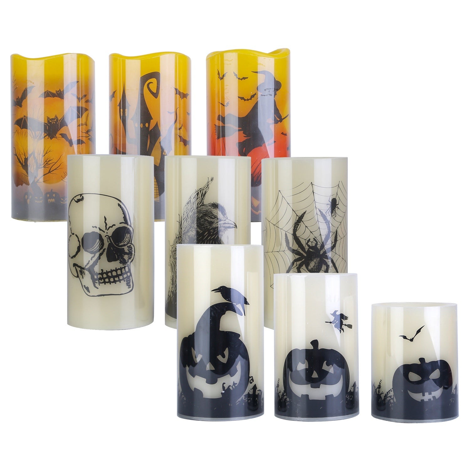 Set of Halloween-themed candles with various designs on a white background
