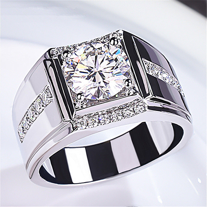 High Carbon Diamond Zircon Men's Imitation Moissanite Ring – White Gold Color Adjustable Opening
