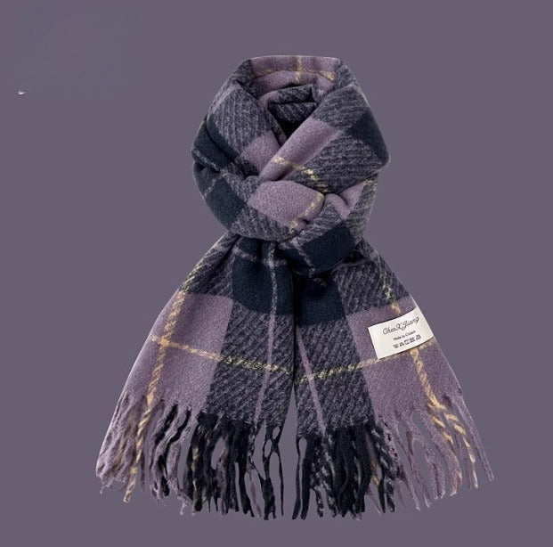 Plaid scarf with fringes on a purple background