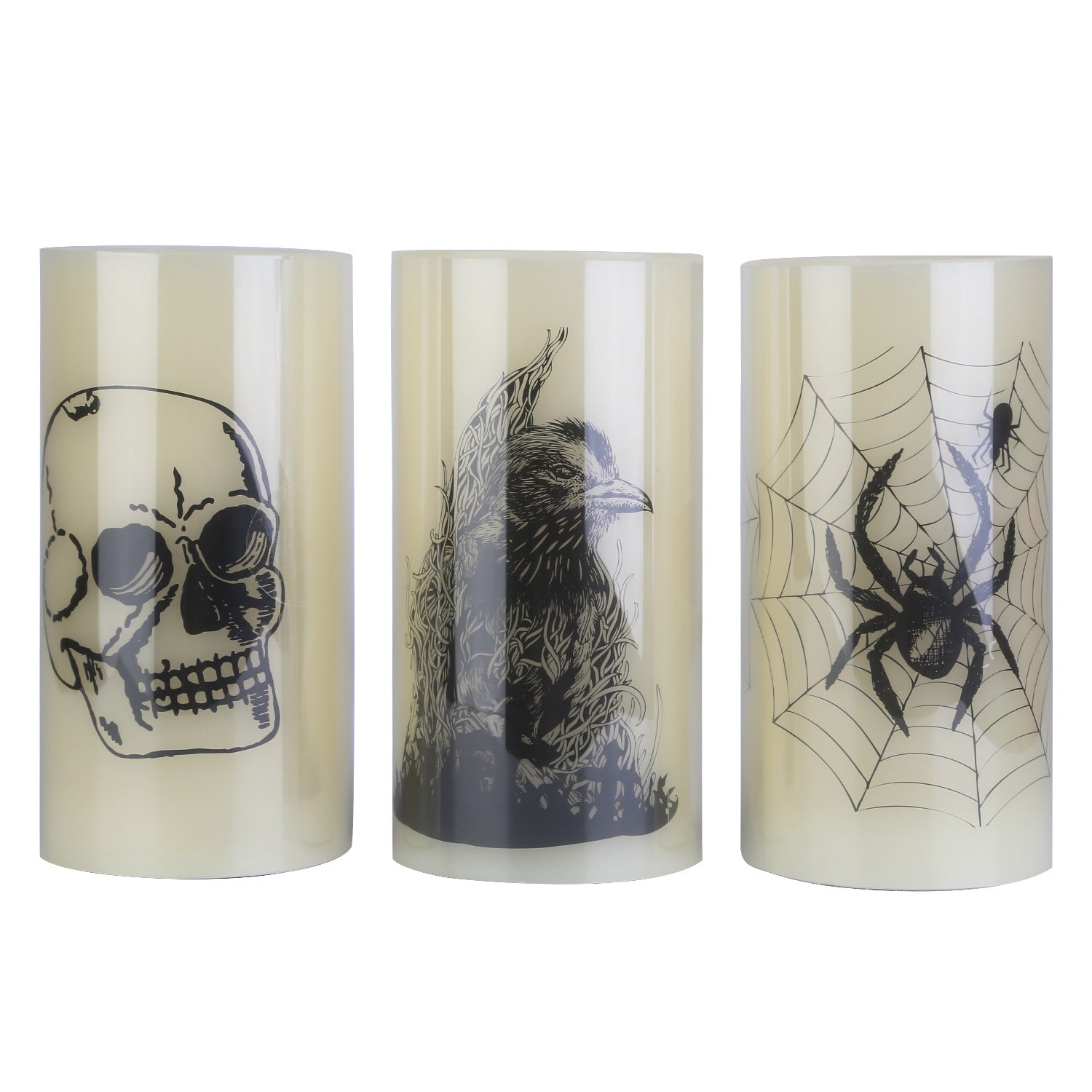 Three Halloween-themed candles with skull, crow, and spider design on a white background