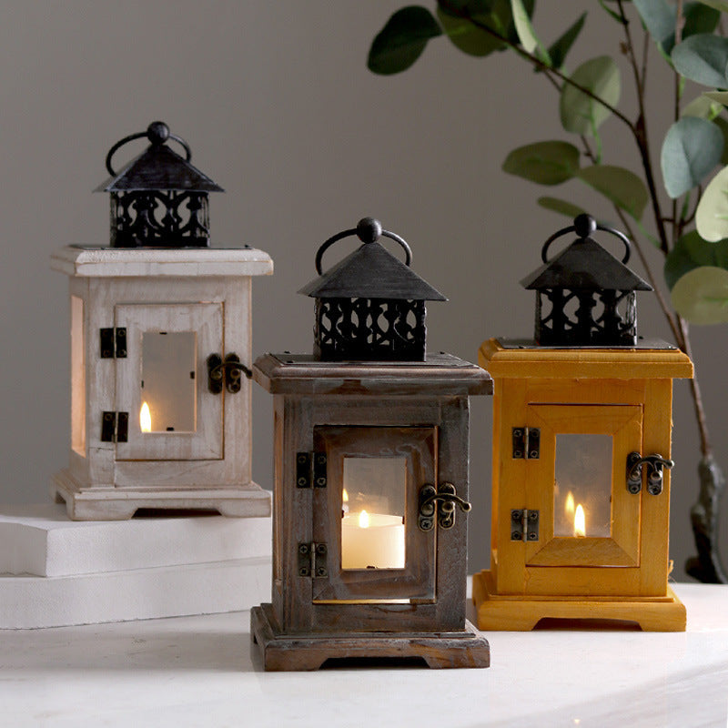 Rustic Wooden Candle Lantern with Iron and Glass – Retro Coffee candle holders