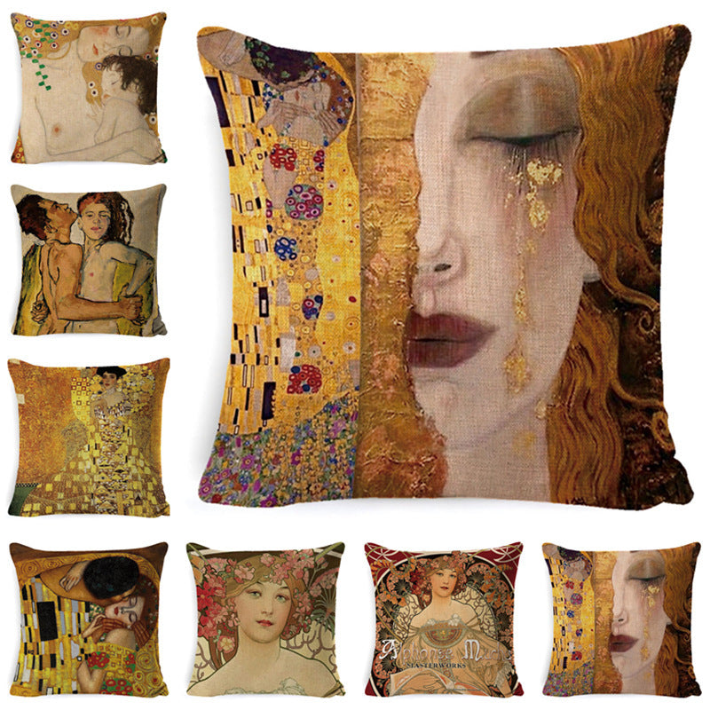 Collection of Gustav Klimt-style pillows with artistic designs.