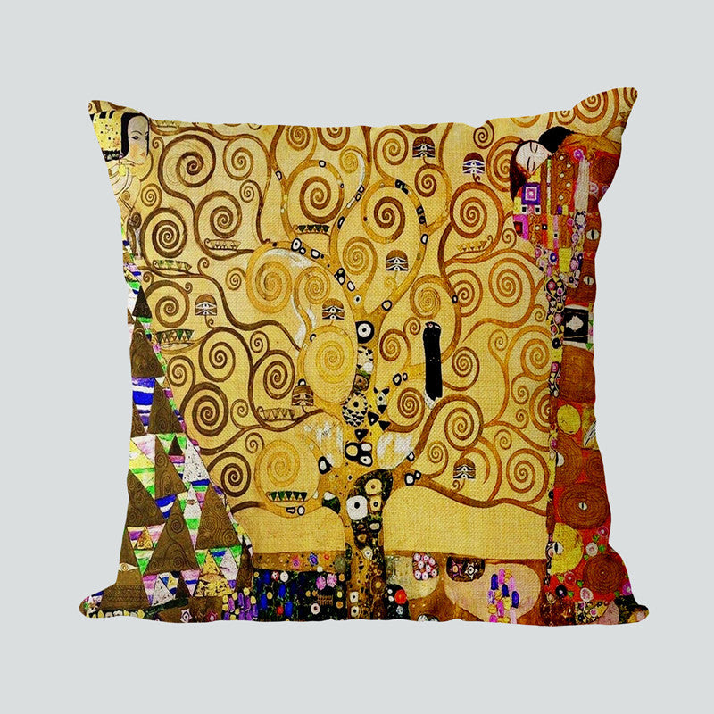 Decorative pillow with artistic design on a plain background