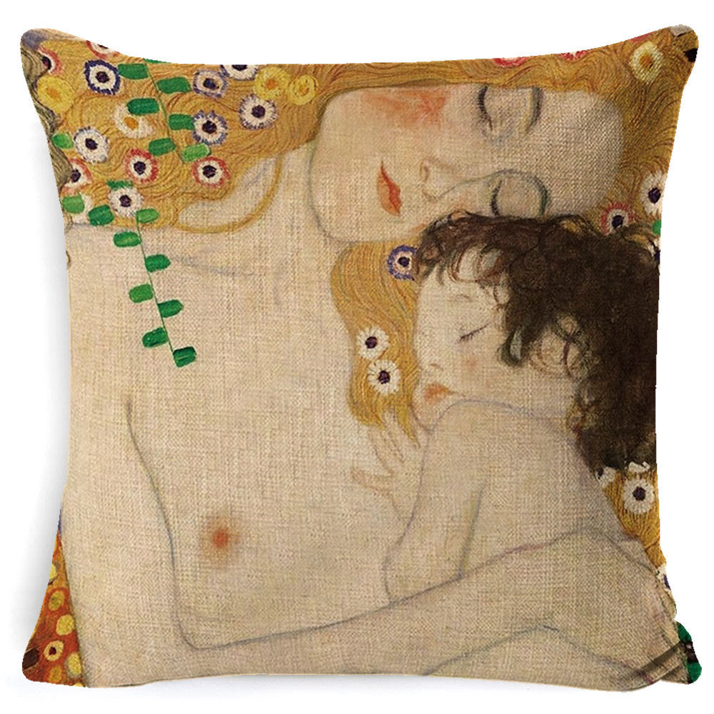 Decorative pillow with artistic design of a woman and child, inspired by Gustav Klimt's style.