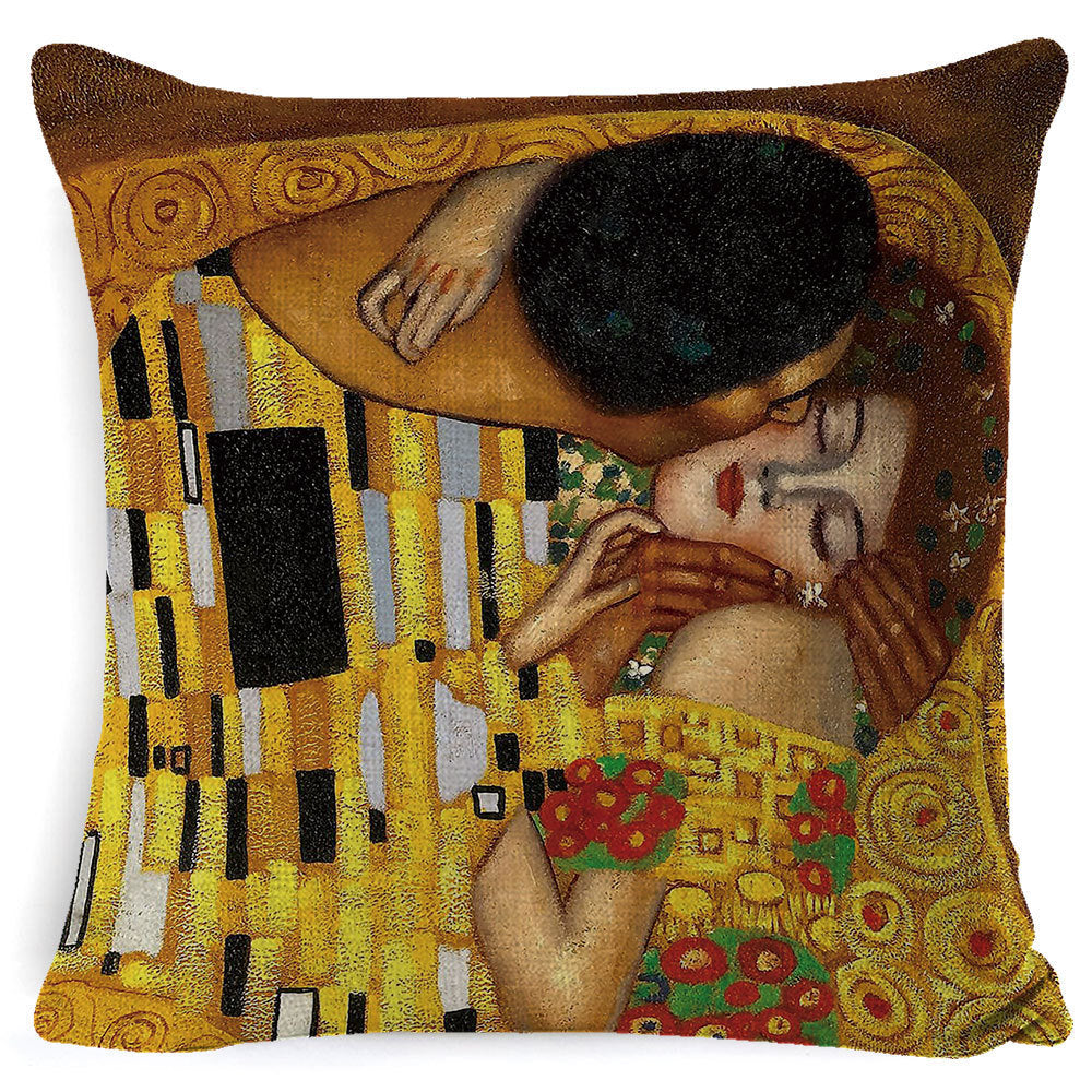 Decorative pillow with artistic design of two people embracing, inspired by famous artwork.