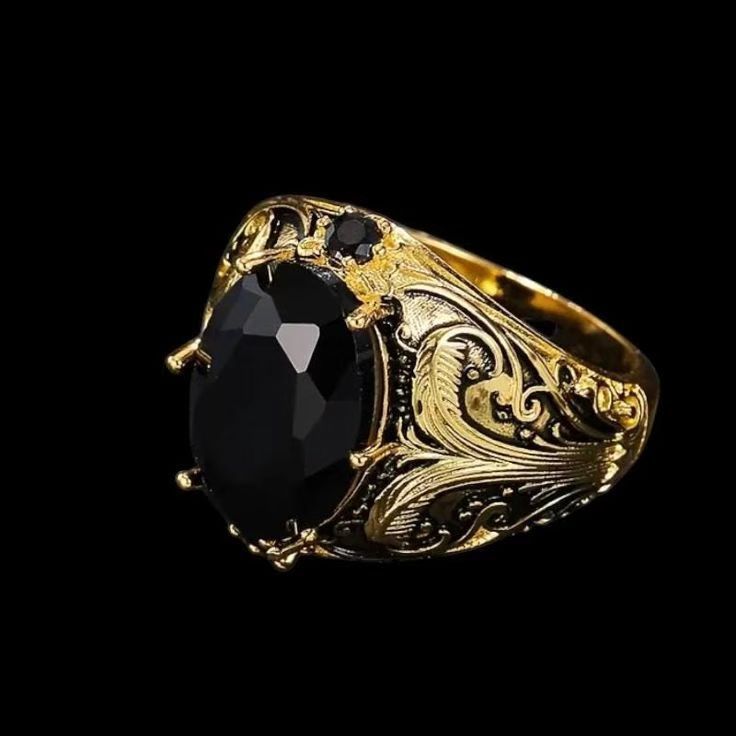 Regal Gothic Black Gem Ring – Wide Face Men’s Statement Band – Silver No 5
