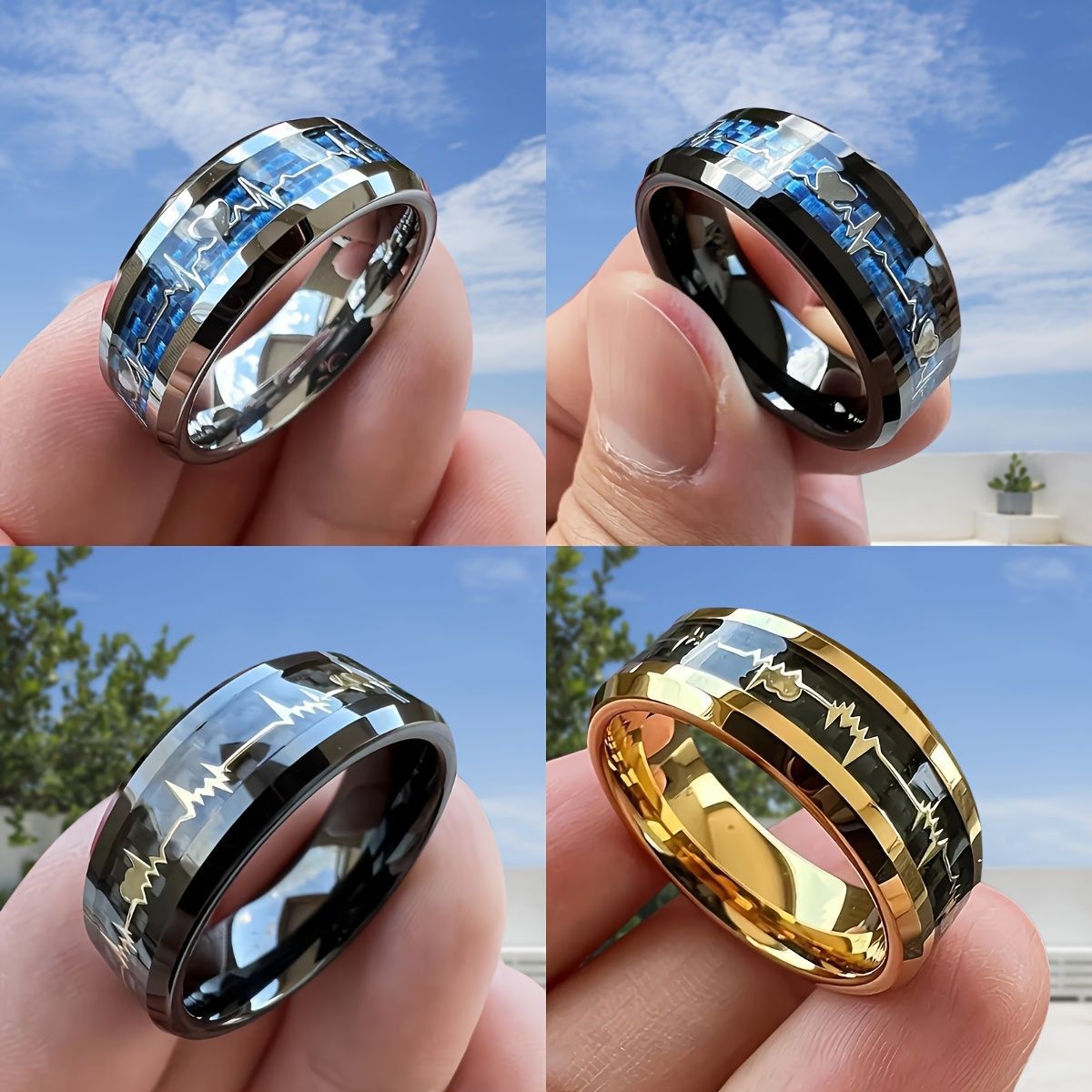 Stainless Steel Heartbeat Ring – Carbon Fiber Inlay – Black On Blue Background No 10 rings