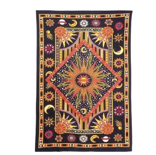 Colorful tapestry with celestial designs on a black background