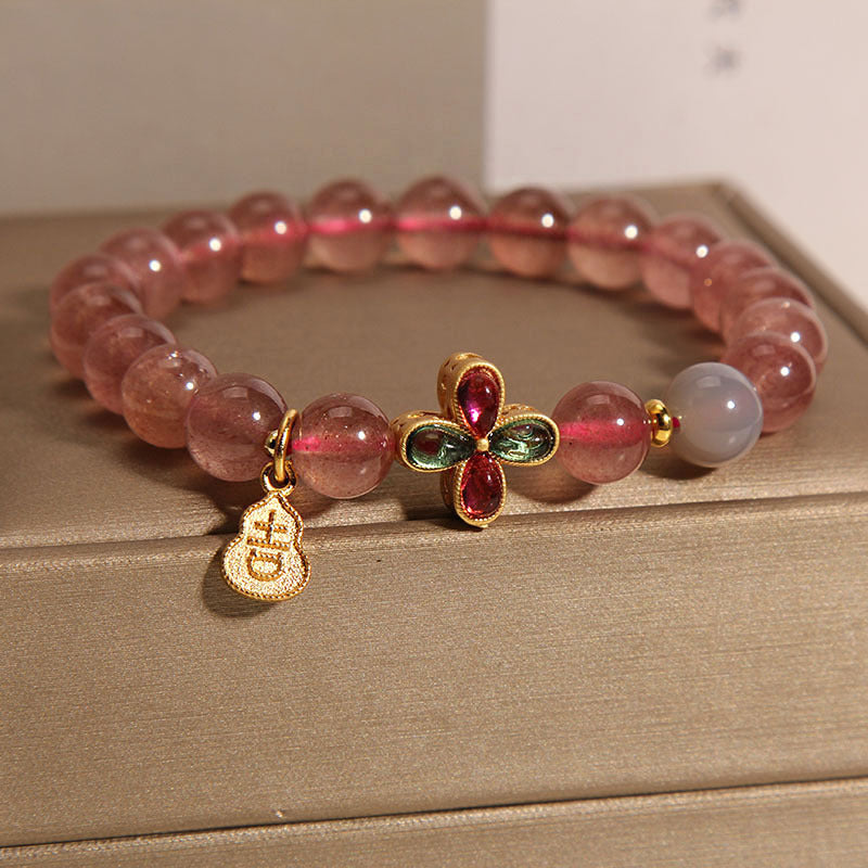 Luxurious Natural Strawberry Quartz Beaded Bracelet with Lucky Charm