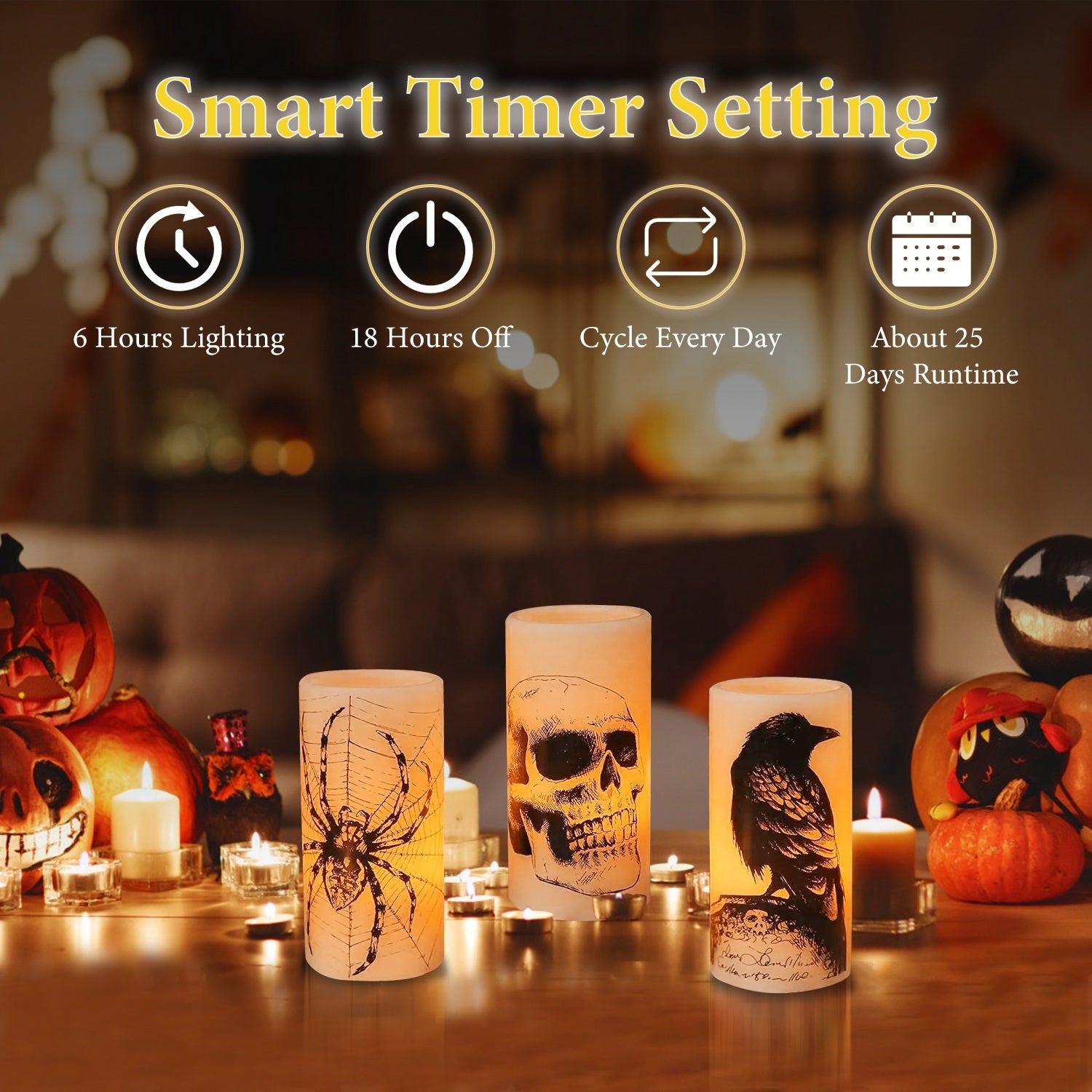 Decorative candles with timer settings displayed on a Halloween-themed background.