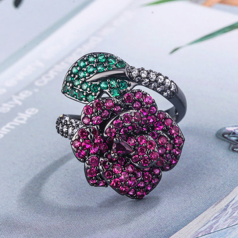 Black Gold Red Rose Statement Ring – Bold Floral Design