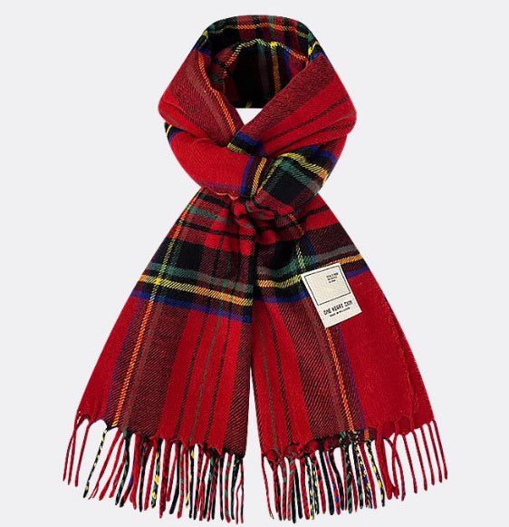 Red plaid scarf with fringes on a white background