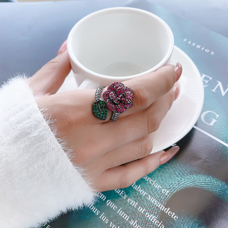 Black Gold Red Rose Statement Ring – Bold Floral Design