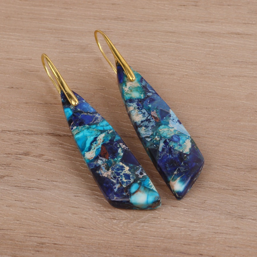 Geometric Flower Shape Pendant Earrings – gold, blue
