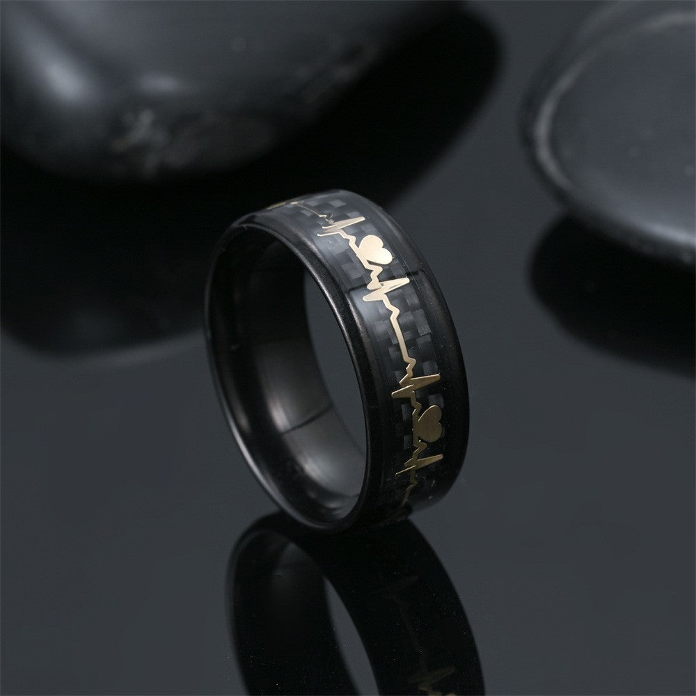 Stainless Steel Heartbeat Ring – Carbon Fiber Inlay – Black On Blue Background No 13