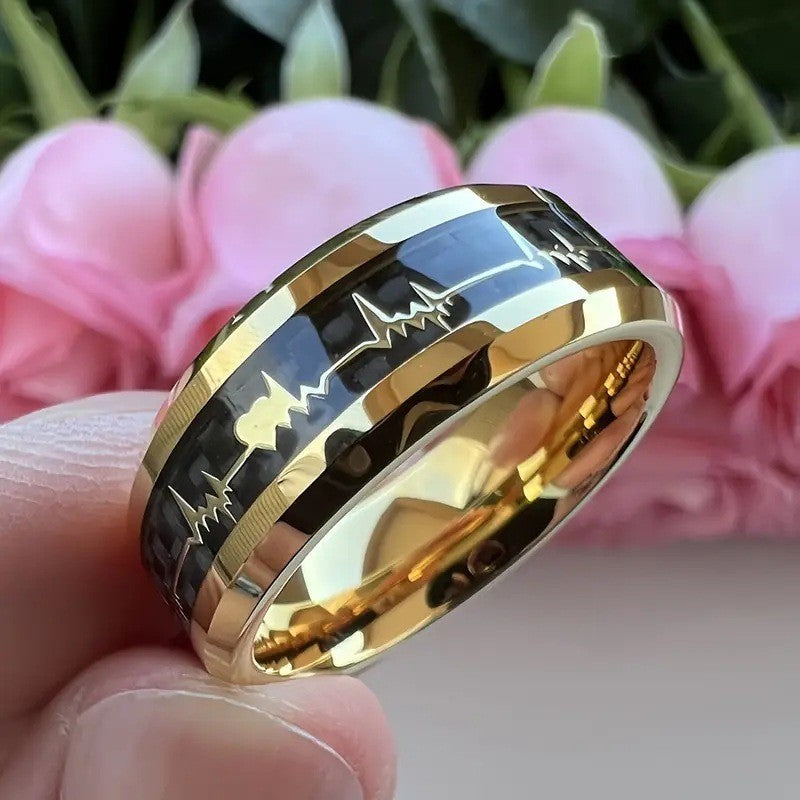 Stainless Steel Heartbeat Ring – Carbon Fiber Inlay – Black On Blue Background No 7