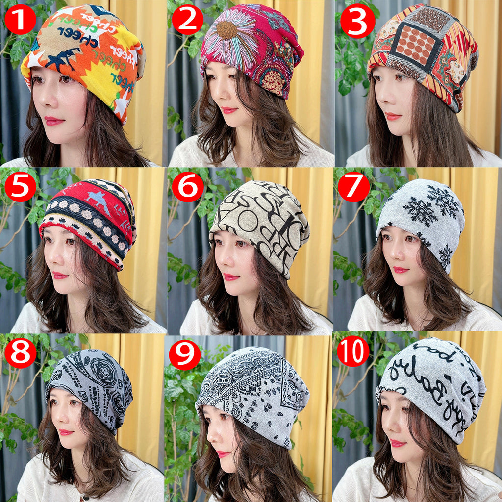 Grid of ten women wearing different patterned beanies with a neutral background.