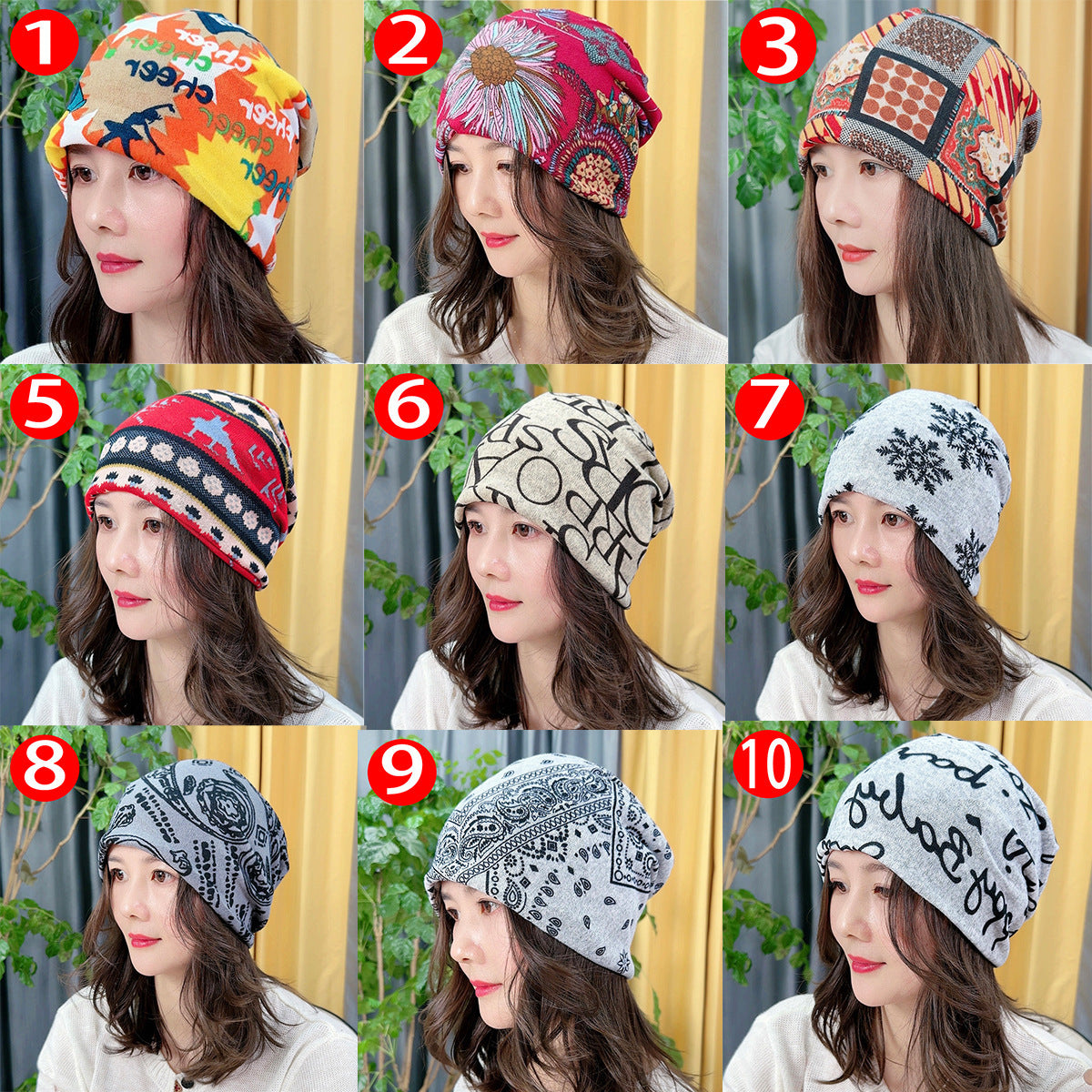 Grid of ten women wearing different patterned beanies with a neutral background.