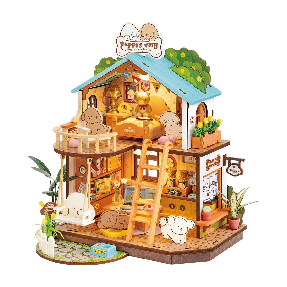 DIY Miniature Dollhouse Kit – Puppy’s Cozy Villa with LED Lights & Furniture