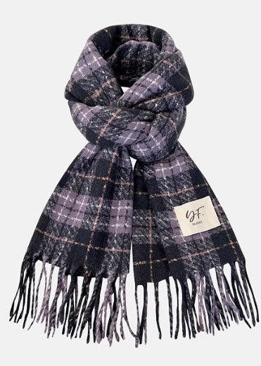 Plaid scarf with fringes on a light gray background