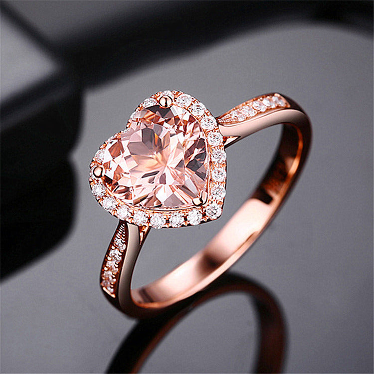 18K Gold Plated Heart Ring – Rose Orange Diamond Style – Rose Gold No 7
