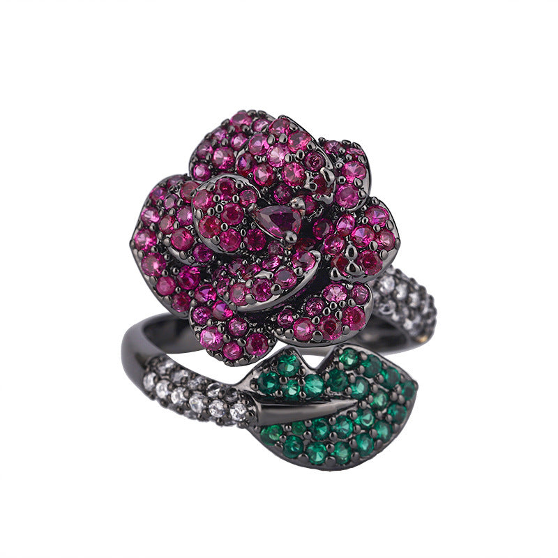 Black Gold Red Rose Statement Ring – Bold Floral Design