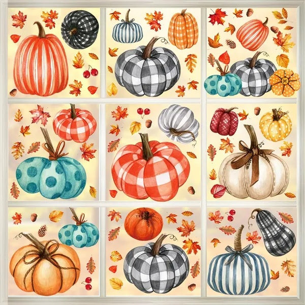 Set of colorful pumpkin and leaf designs on a beige background