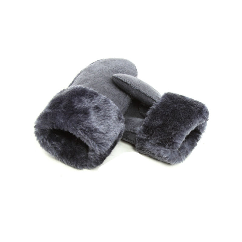 Pair of gray mittens with fur cuffs on a white background
