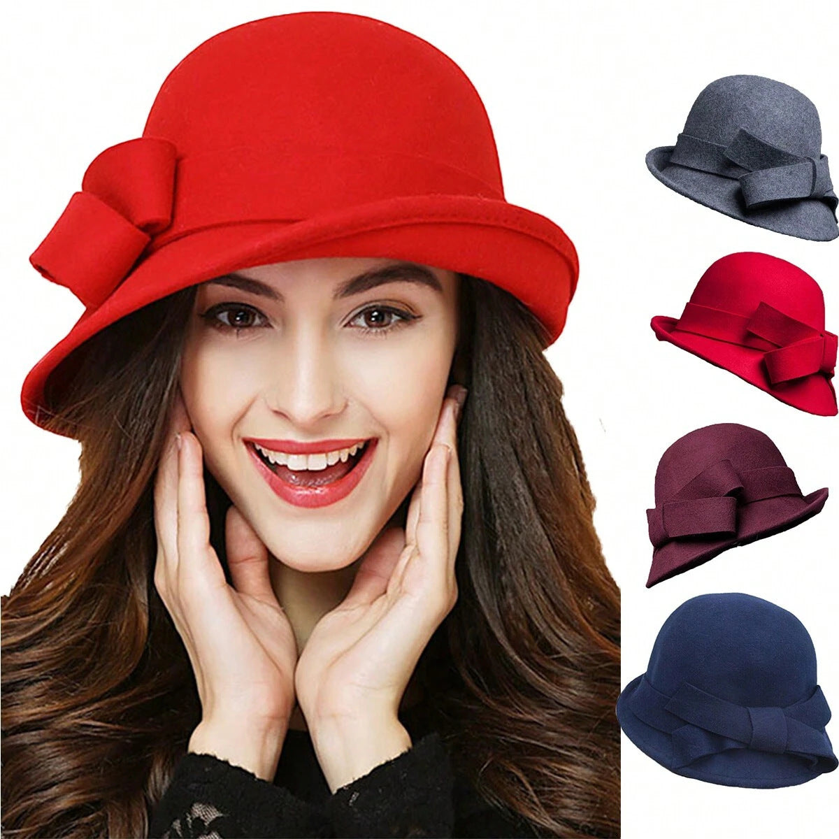 Woman wearing a red hat with a bow, surrounded by other hats in different colors on a white background.