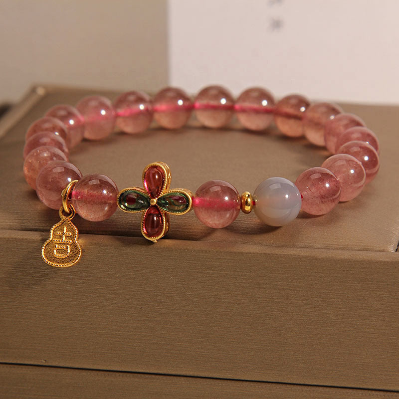 Luxurious Natural Strawberry Quartz Beaded Bracelet with Lucky Charm