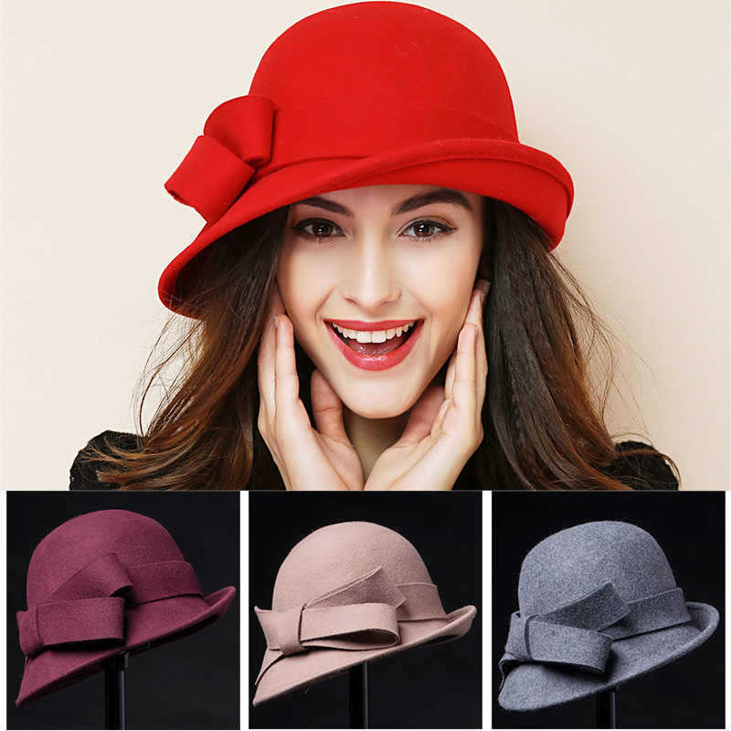 Woman wearing a red hat with a bow, surrounded by four color variations of the same hat.