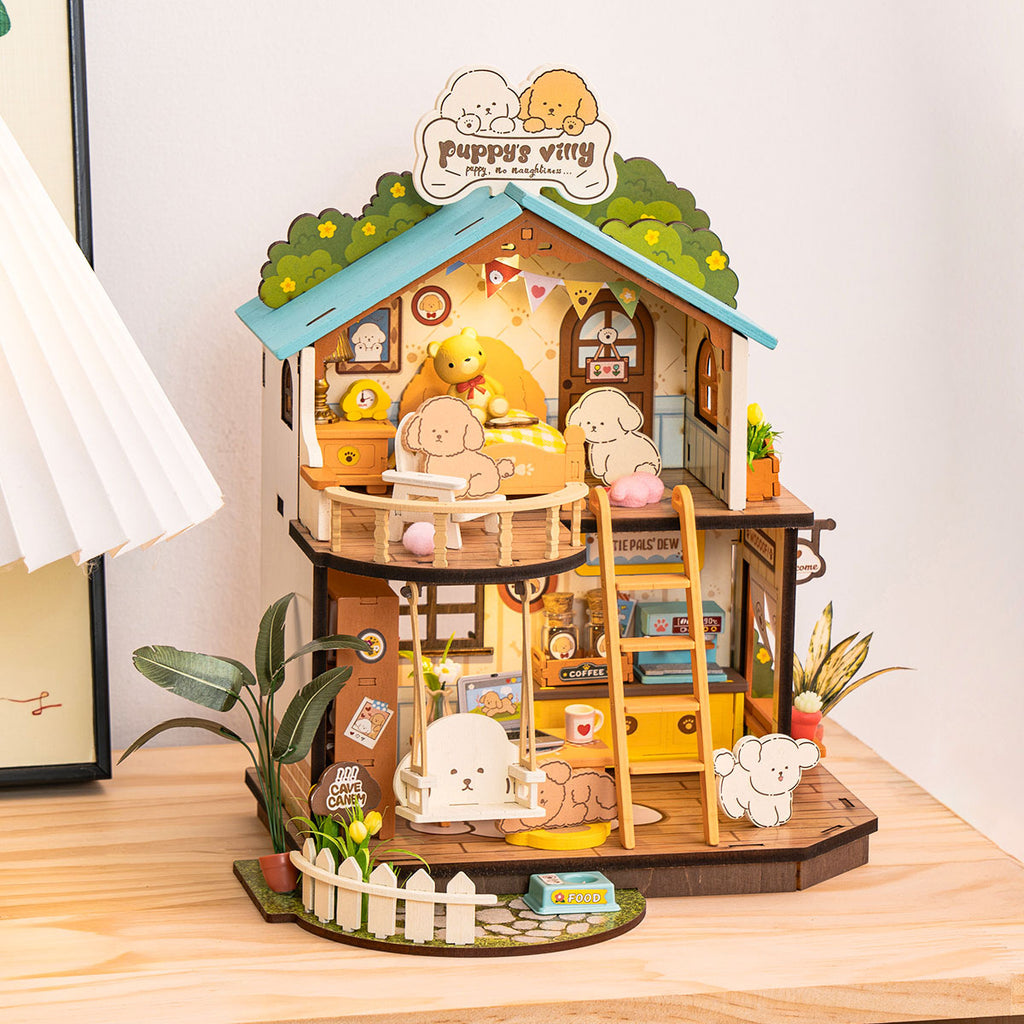 DIY Miniature Dollhouse Kit – Puppy’s Cozy Villa with LED Lights & Furniture