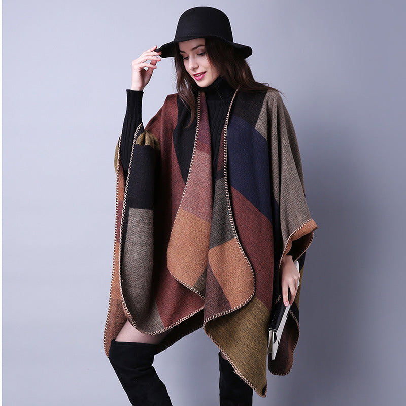 Autumn & Winter Versatile Lattice Travel Shawl – Dark Blue Flowers 130x150CM