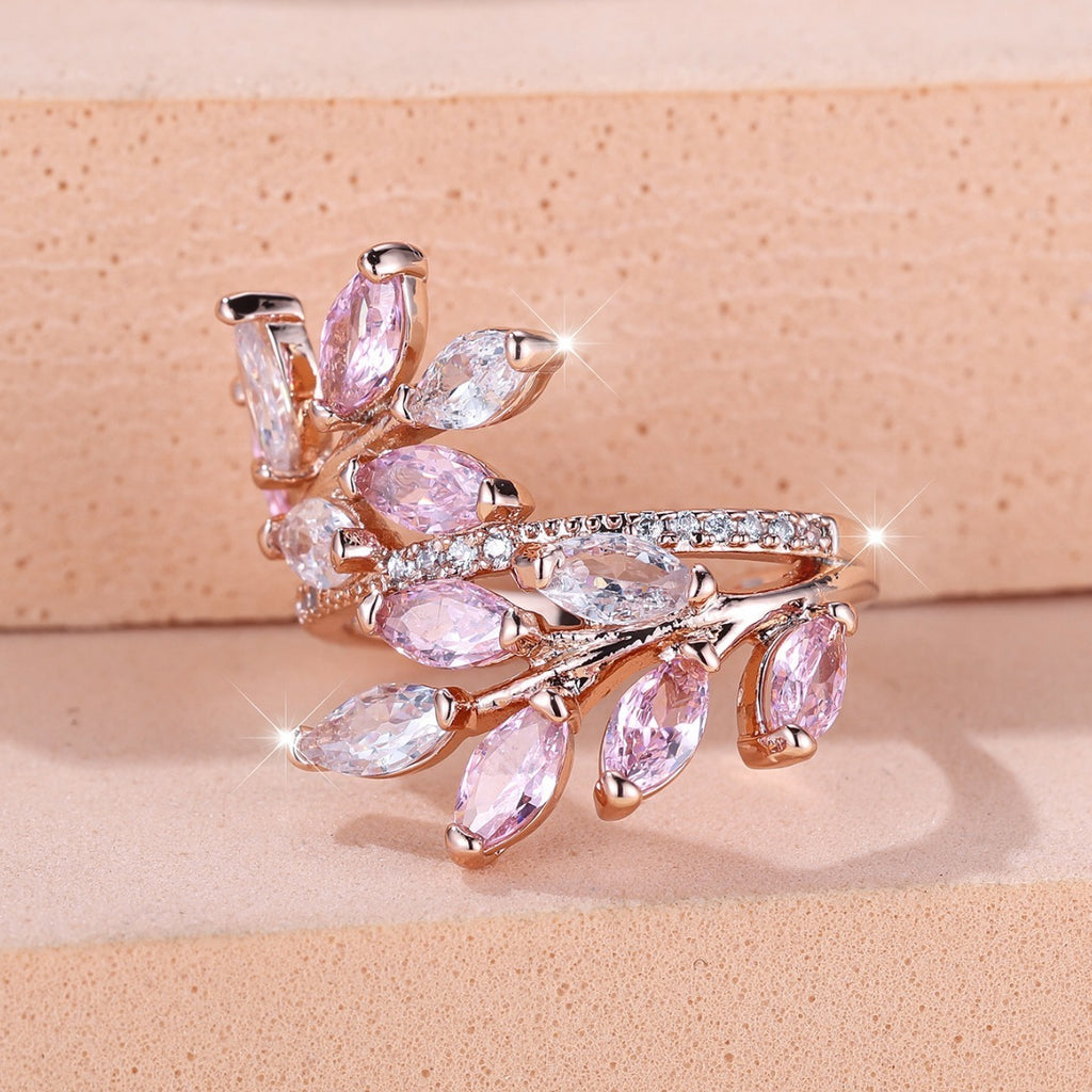 Horse Eye Zircon Leaf Ring – Rose Gold Powder White Diamond Adjustable Opening