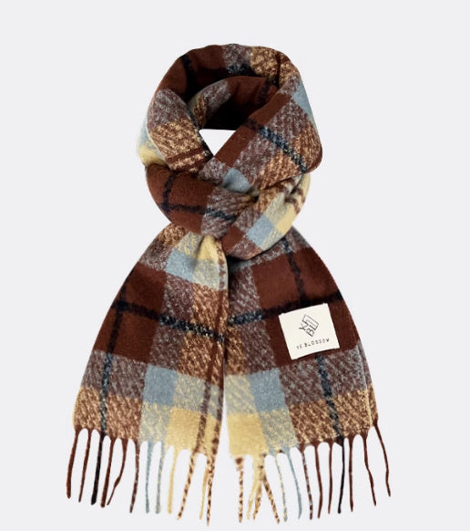 Plaid scarf with fringes on a light gray background