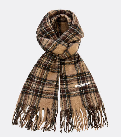 Plaid scarf with fringes on a white background