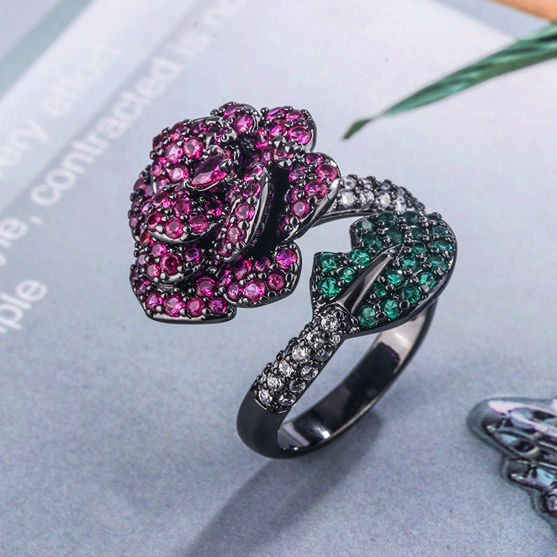 Black Gold Red Rose Statement Ring – Bold Floral Design – Black Gold Ring rings