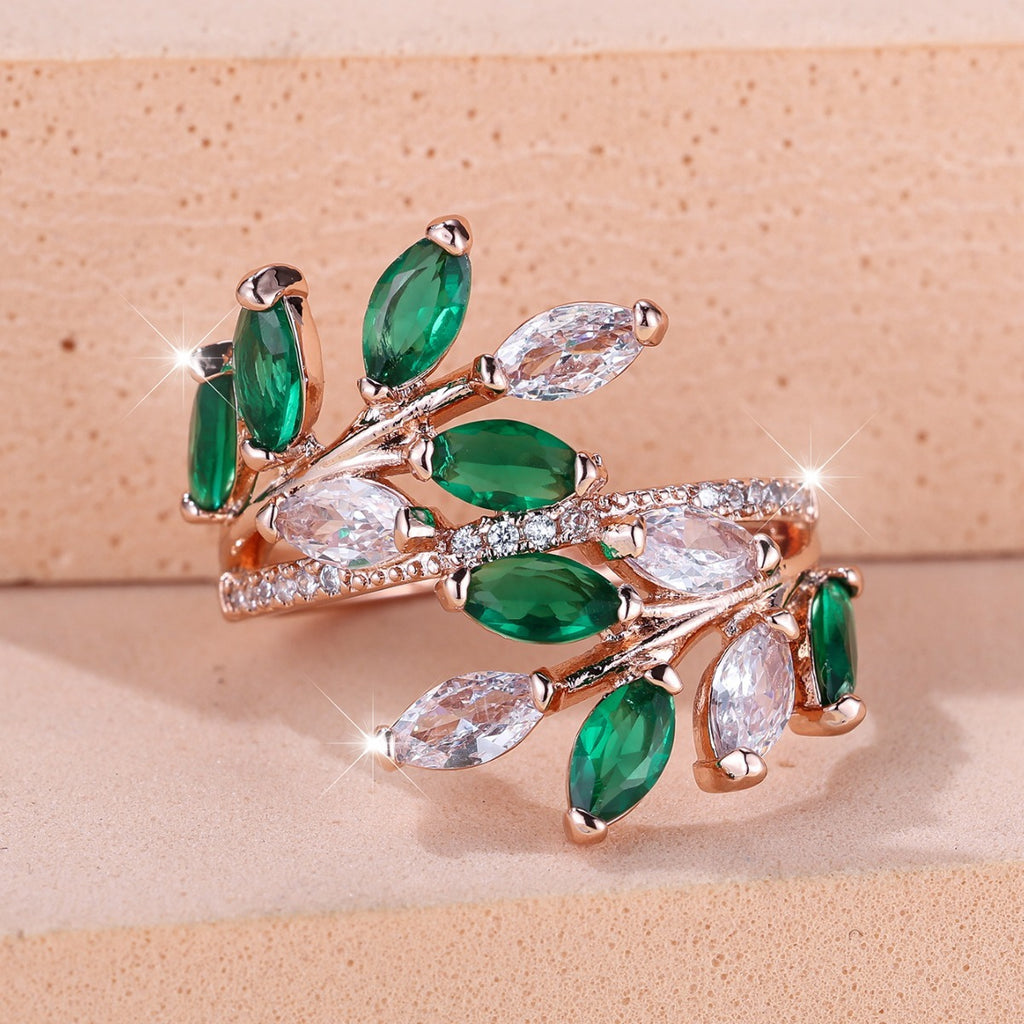 Horse Eye Zircon Leaf Ring – Rose Gold Purple White Diamond Adjustable Opening