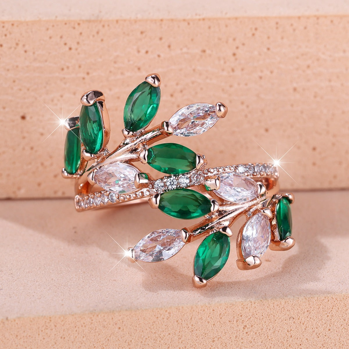 Horse Eye Zircon Leaf Ring – Rose Gold Purple White Diamond Adjustable Opening