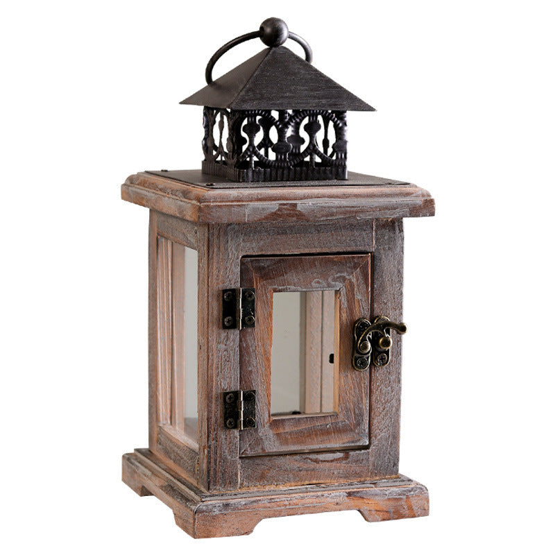 Rustic Wooden Candle Lantern with Iron and Glass