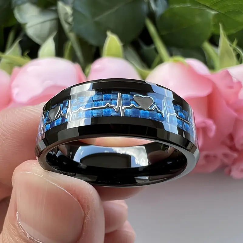 Stainless Steel Heartbeat Ring – Carbon Fiber Inlay – Black On Blue Background No 12