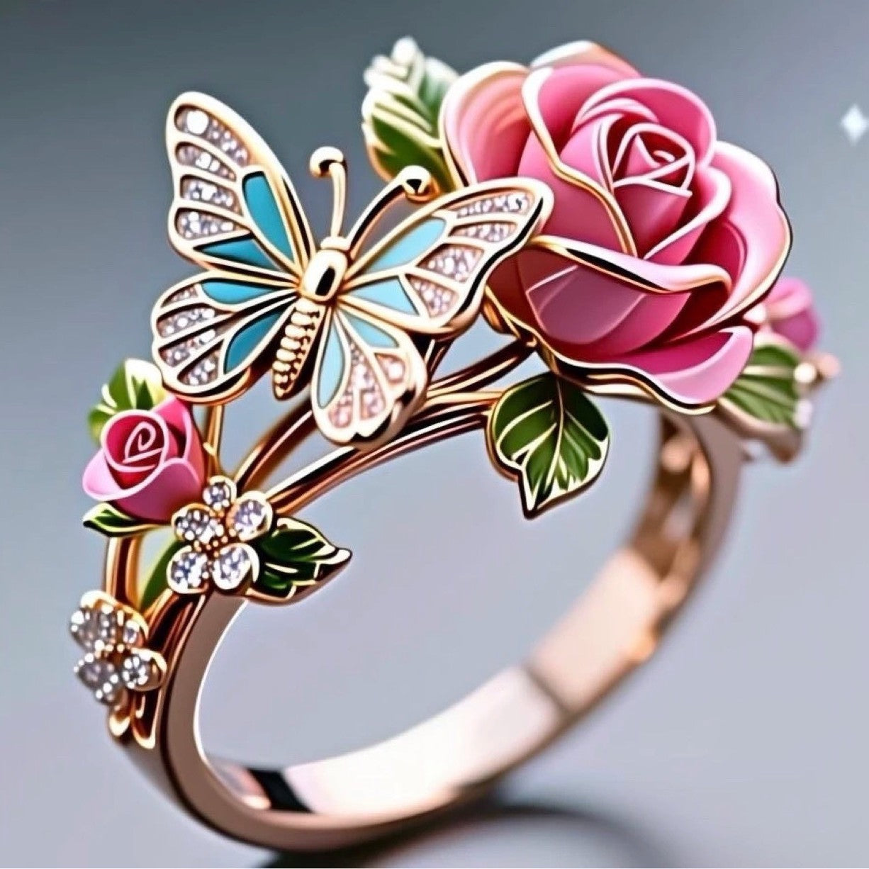 Pastoral Style Enamel Butterfly & Rose Ring – Pink XR15426 adjustable rings